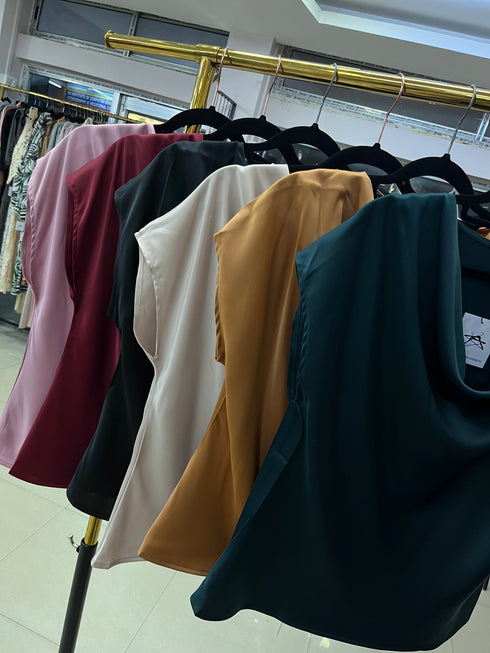 Satin Short Sleeves Cowl Neckline  Tops
